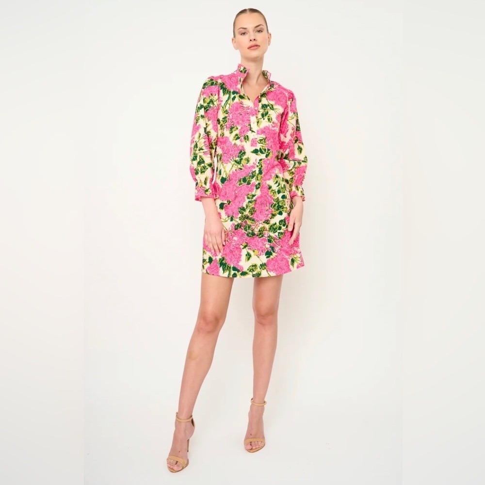 Flora Bea NYC Adelina Dress Pink Antigua Island Floral Rhinestone Button Mini S